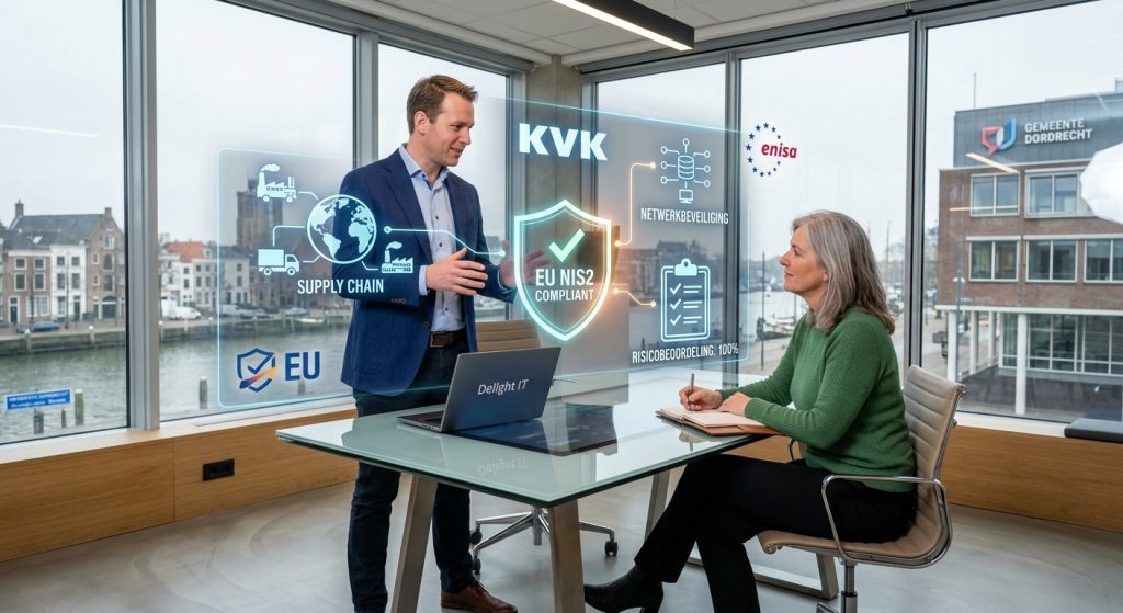 NIS2 richtlijn MKB toeleverancier visualisatie met een IT-consultant die ketenbeveiliging en cybersecurity uitlegt.